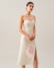 White Pearl-Strap Textured Midi Dress by FJØRNA, featuring a stylish midi length, wave texture, and elegant pearl straps.