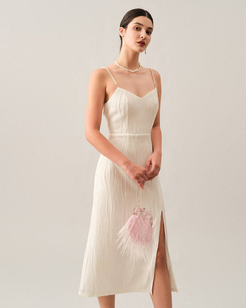 White Pearl-Strap Textured Midi Dress by FJØRNA, featuring a stylish midi length, wave texture, and elegant pearl straps.