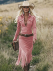 FJØRNA tassel midi dress in soft fabric, featuring a flowy silhouette and stylish tassel details, ideal for casual wear.