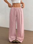 FJØRNA women's lightweight summer trousers with wide leg, drawstring waist, elastic band, casual style, beige fabric.