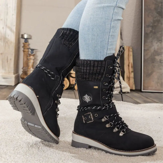 Combat Boots Mid Calf Lace Up Knit Cuff Side Zip Buckle Winter Boots | Wren
