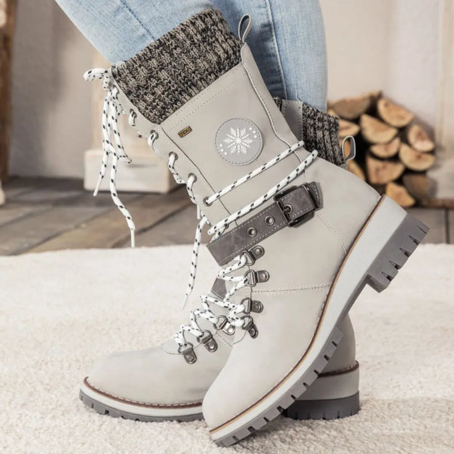 Combat Boots Mid Calf Lace Up Knit Cuff Side Zip Buckle Winter Boots | Wren