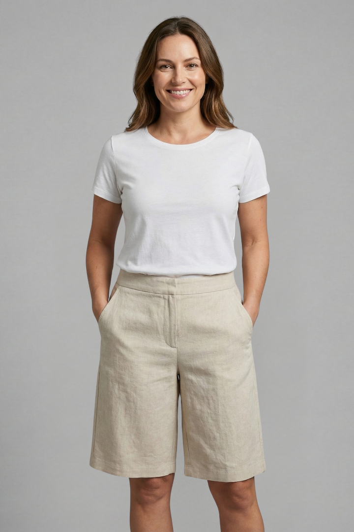 High-waisted lightweight summer shorts for women by FJØRNA, knee-length with drawstring waist, casual and comfortable fit.