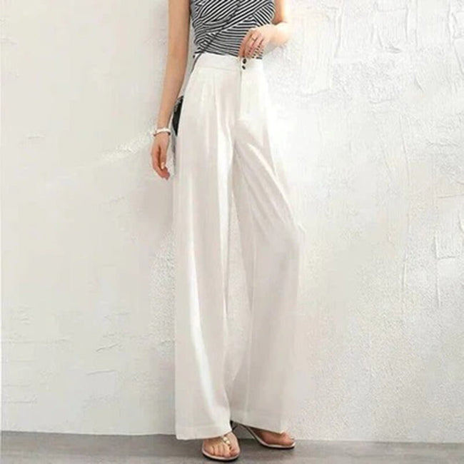 FJØRNA women's lightweight summer trousers with high waist, wide-leg fit, and button front detail