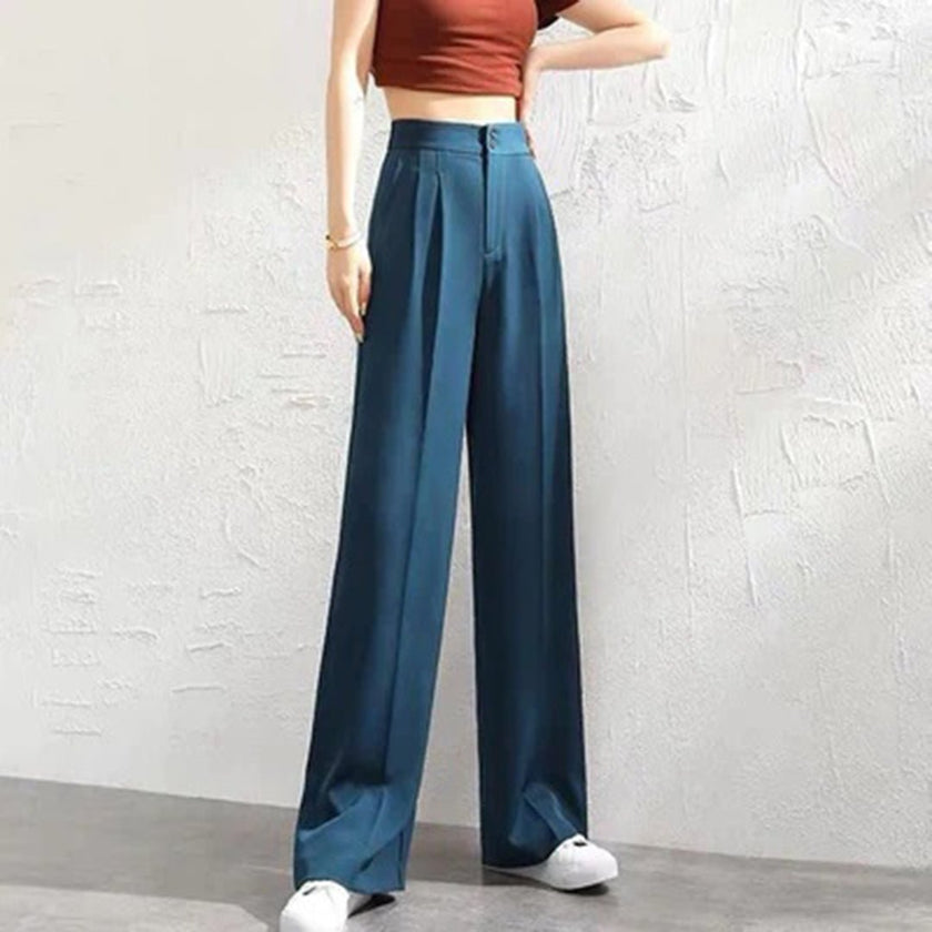FJØRNA women's lightweight summer trousers with high waist and wide-leg design, featuring a button front detail.
