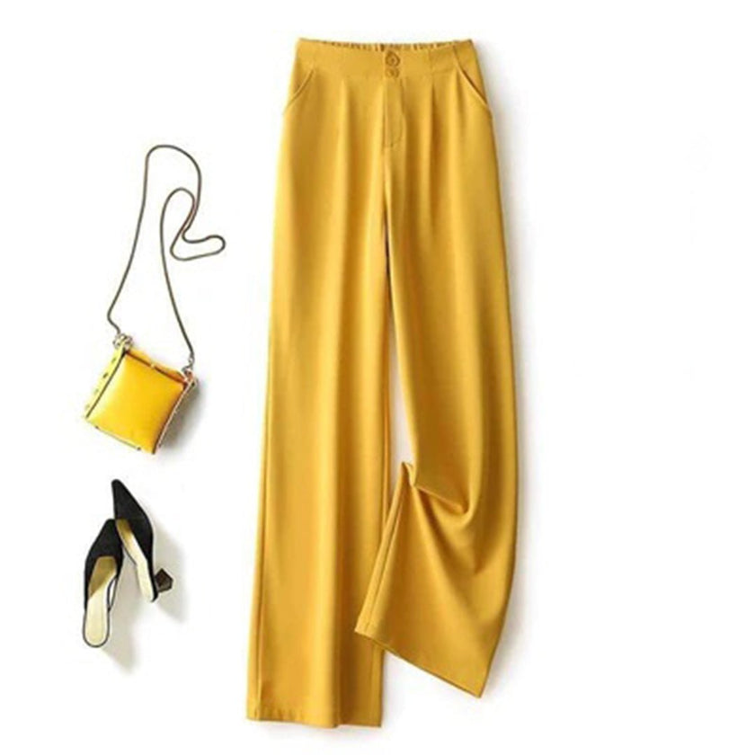 FJØRNA women's lightweight summer trousers with high waist and wide leg, featuring a button front, in natural fabric.