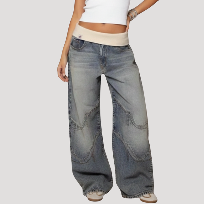 FJØRNA women's lightweight summer wide-leg baggy jeans, casual denim pants with relaxed fit and comfortable style.