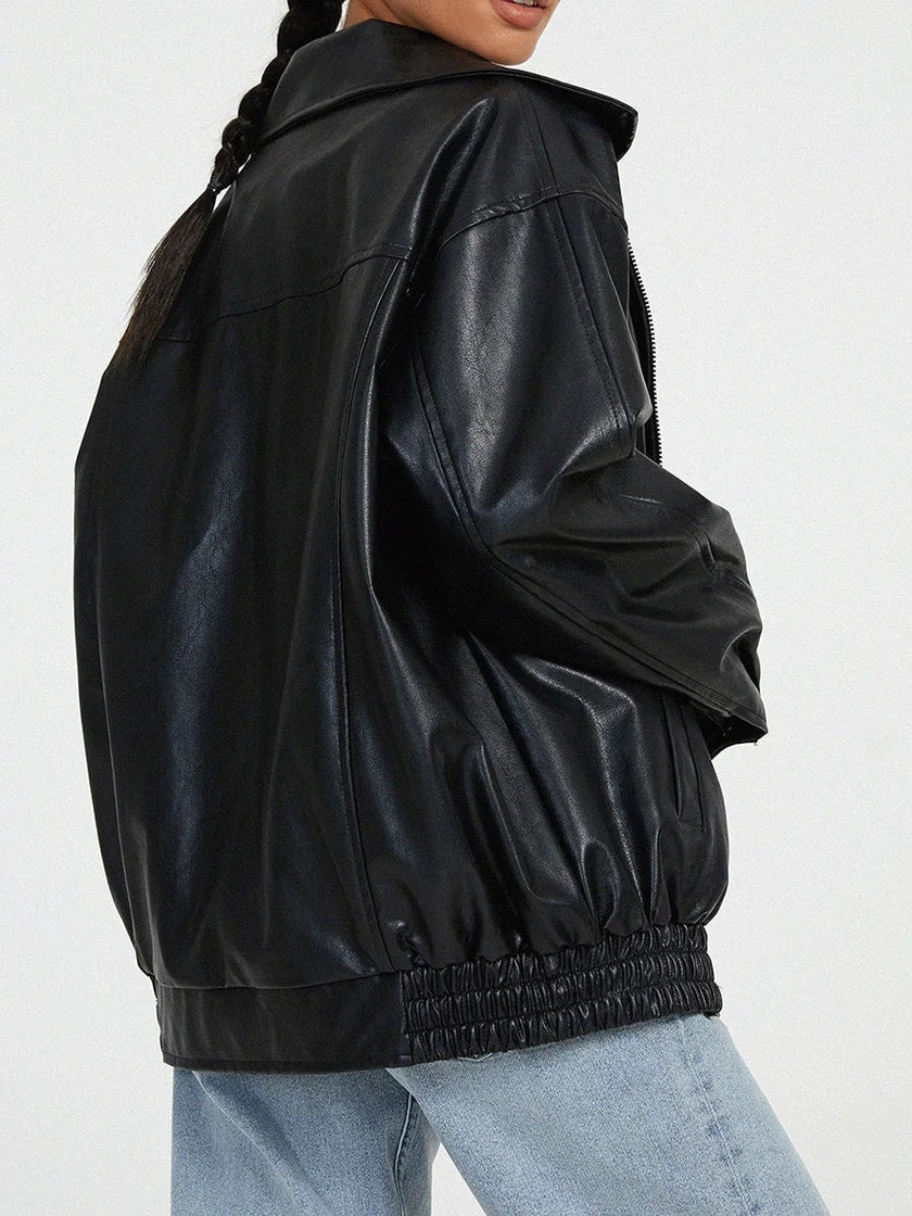 Oversized Jacket Women Zip-Up Wide Collar Relaxed Fit