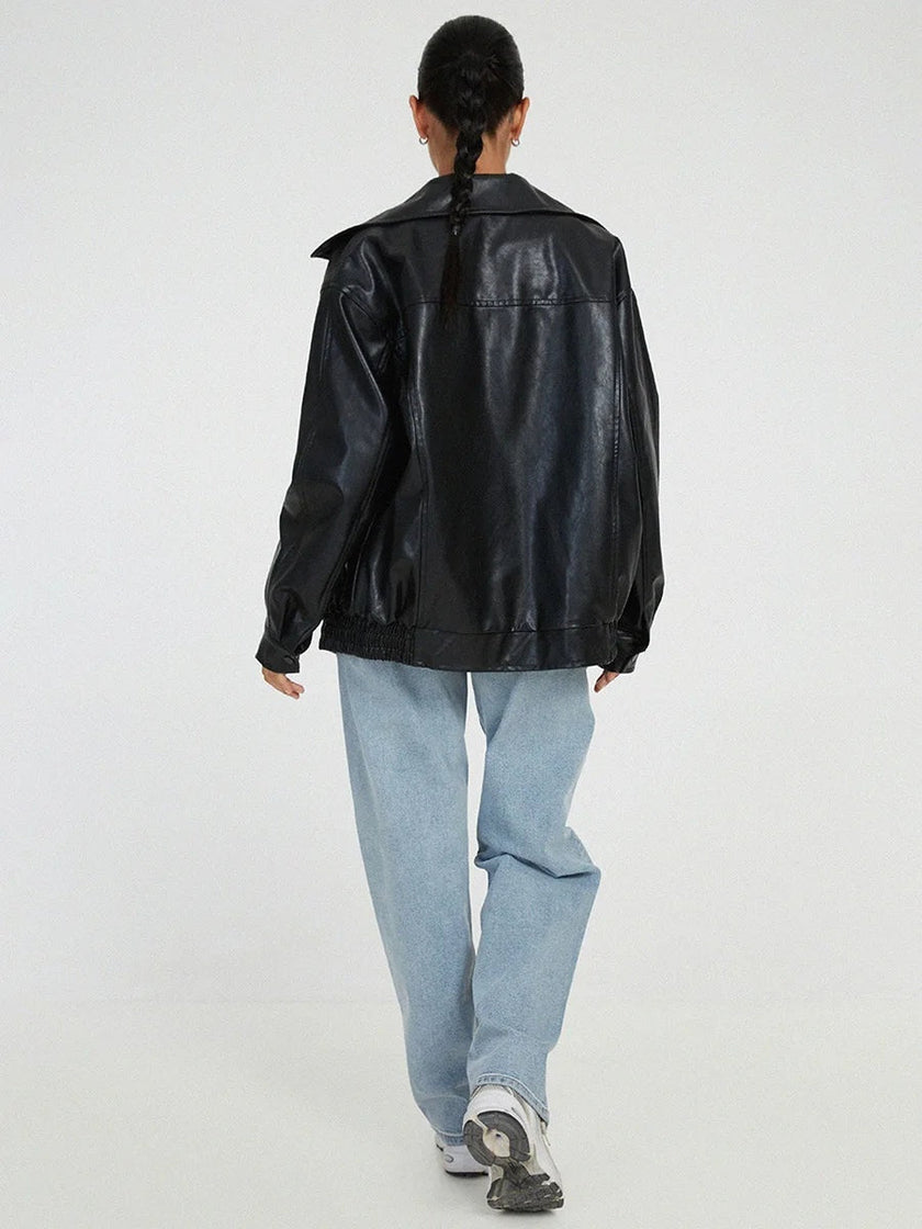 Oversized Jacket Women Zip-Up Wide Collar Relaxed Fit