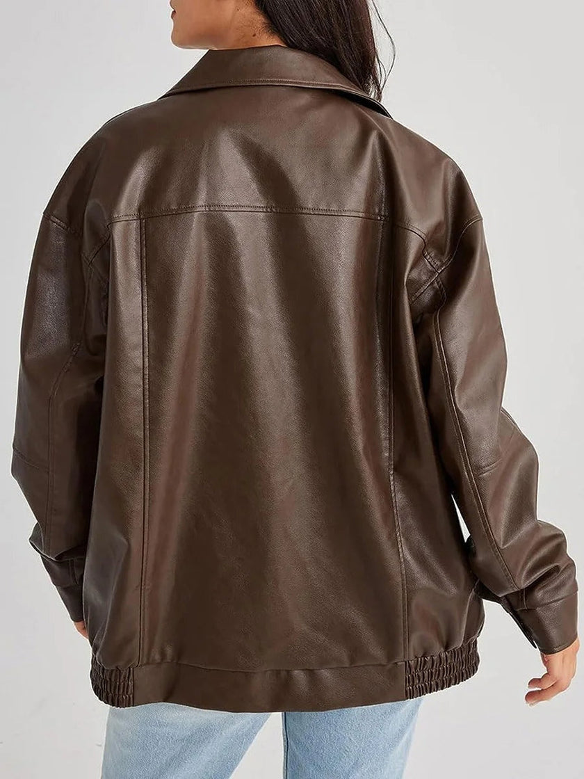 Oversized Jacket Women Zip-Up Wide Collar Relaxed Fit