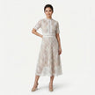Women's elegant lace midi dress by FJØRNA featuring high neck, refined cutwork detail, and a sophisticated silhouette.