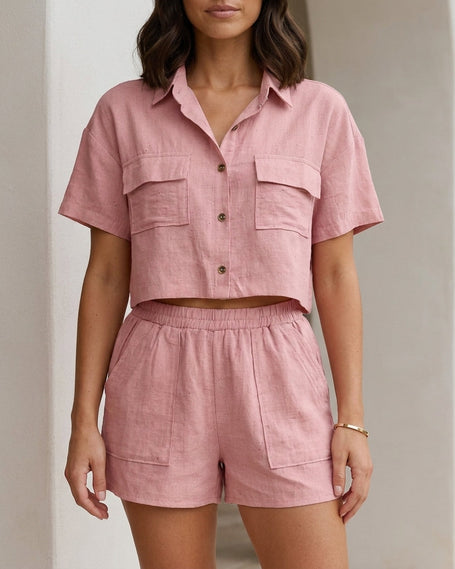 Pink summer two-piece women's co-ord set with button front top and matching shorts by FJØRNA.