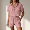 Pink FJØRNA women's two-piece co-ord set with relaxed fit and pockets, perfect for summer casual wear.