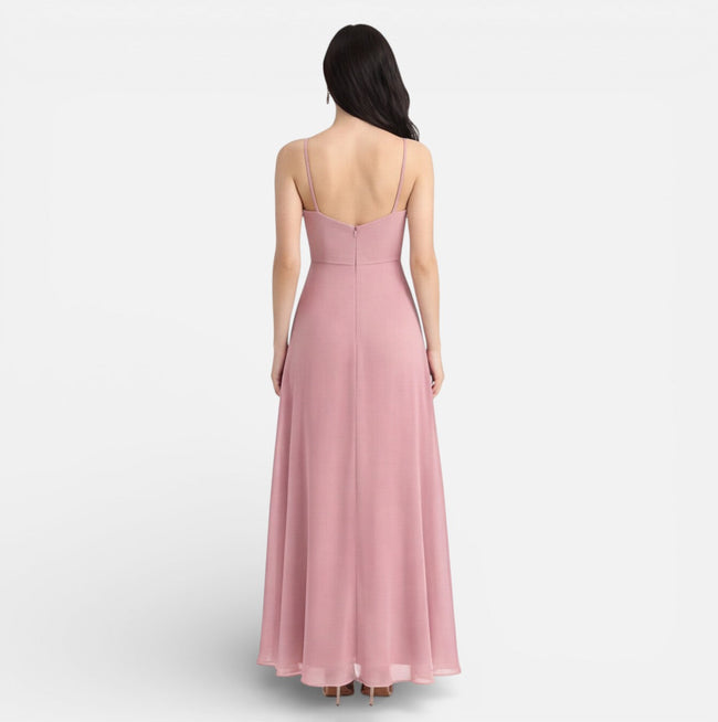 Pink chiffon bridesmaid dress with cowl neck and high-low hem, designed for weddings by FJØRNA.