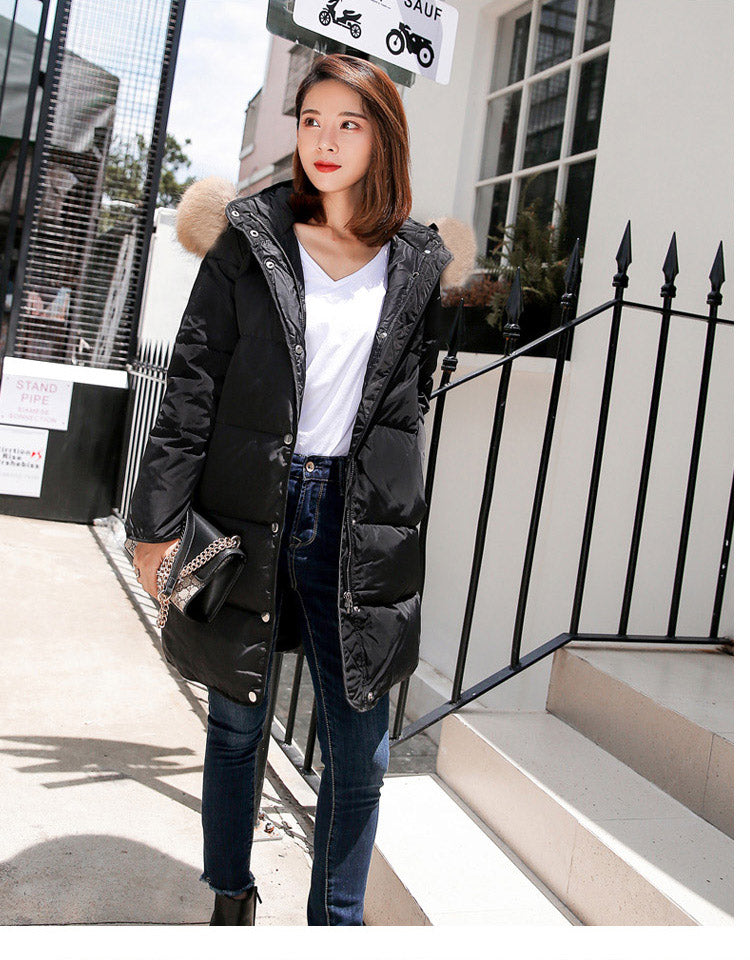 Down Coat Women Hooded Long Detachable Fur Trim Winter