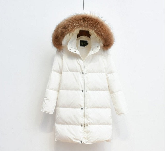 Down Coat Women Hooded Long Detachable Fur Trim Winter
