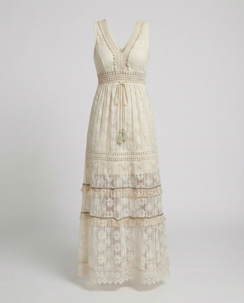FJØRNA elegant floral maxi dress for women with V-neck and sleeveless design, flowing and perfect for warm weather.