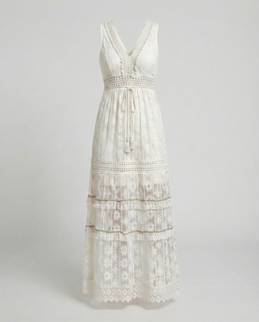 FJØRNA Elegant floral maxi dress for women with V-neck and sleeveless design, perfect for summer or special occasions