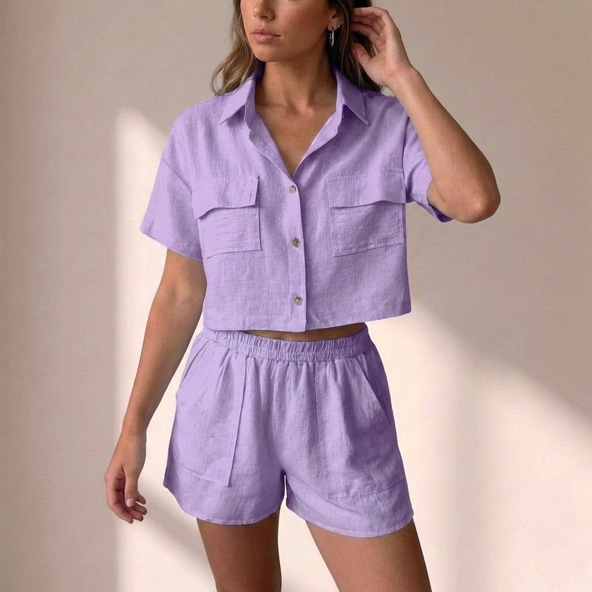 Purple FJØRNA women's two-piece co-ord set with relaxed fit and pockets, perfect for summer casual wear.