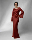 Black satin maxi dress for women by FJØRNA with elegant bell sleeves and a luxurious, floor-length design.