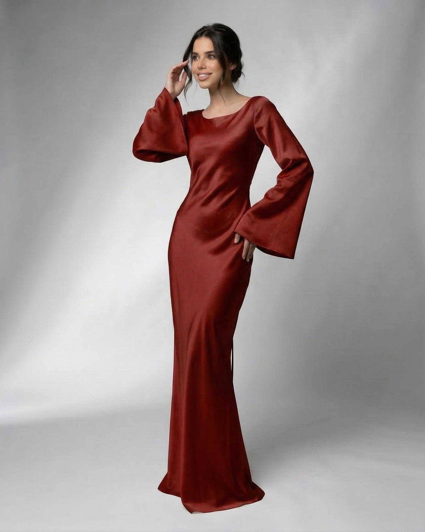 Elegant black satin maxi dress for women by FJØRNA featuring bell sleeves, form-fitting silhouette, and luxurious fabric.
