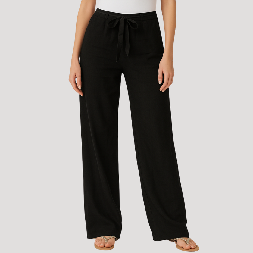 FJØRNA women's lightweight summer trousers with wide legs, drawstring waist, and side pockets, perfect for casual warm-weather wear.
