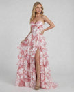 Pink floral tiered chiffon maxi dress by FJØRNA, elegant wedding guest dress with a corset top and flowing skirt.