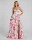 Pink floral tiered chiffon maxi dress by FJØRNA featuring a corset style, perfect for wedding guests and elegant occasions.