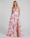 Pink floral tiered chiffon maxi dress by FJØRNA, elegant wedding guest gown with a romantic, flowing design and floral details.