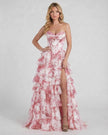 Pink floral tiered chiffon maxi dress by FJØRNA featuring a structured corset bodice, perfect for wedding guests.