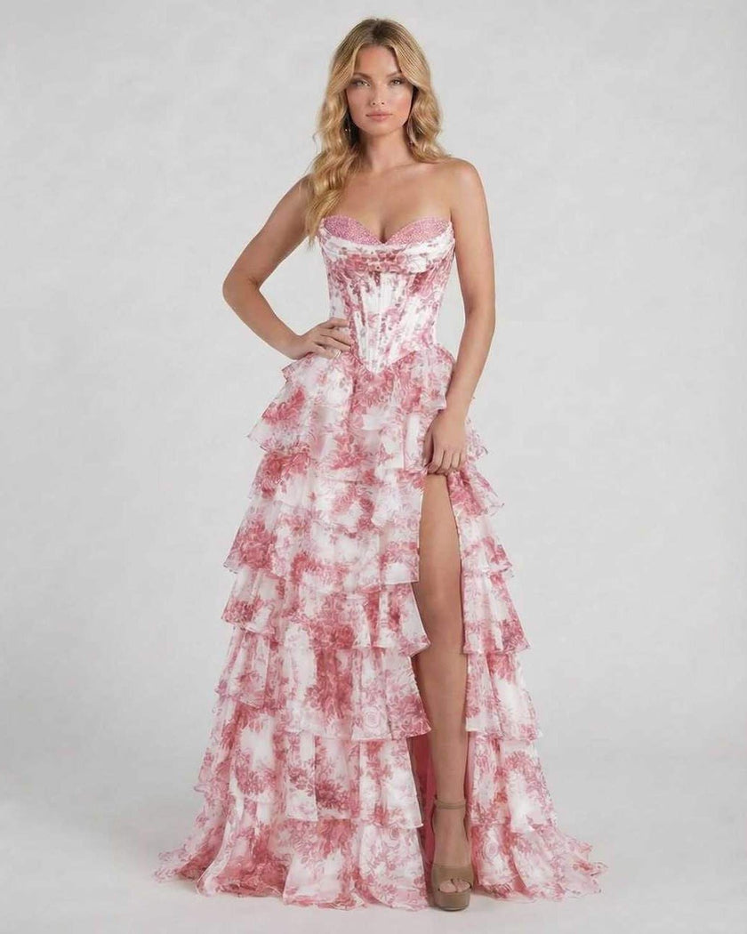 Pink floral tiered chiffon maxi dress by FJØRNA featuring a structured corset bodice, perfect for wedding guests.