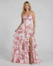 Pink floral tiered chiffon maxi dress with structured corset from FJØRNA, perfect for wedding guests and elegant occasions.