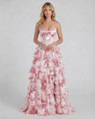 Pink floral tiered chiffon maxi dress by FJØRNA featuring a corset top and elegant flowy design, perfect for wedding guests.