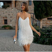 Elegant mini dress for women by FJØRNA featuring fringe details, perfect for cocktail parties, shown in a stylish black design.