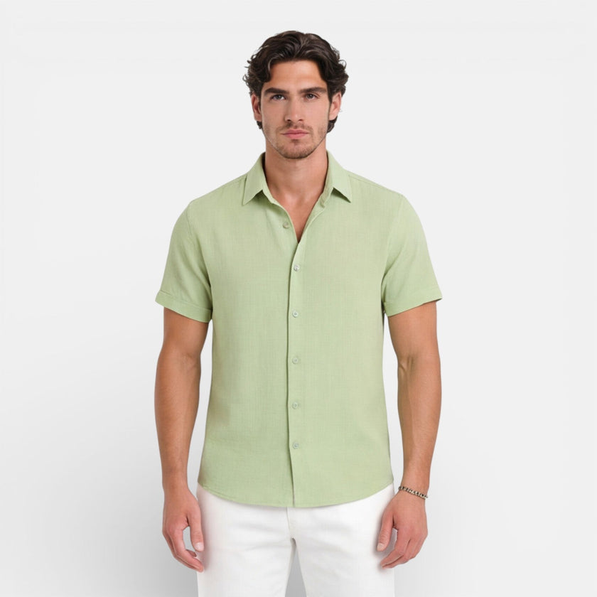 Men's short sleeve linen cotton blend shirt by FJØRNA, breathable summer fit, casual men's shirt in white, laid flat.