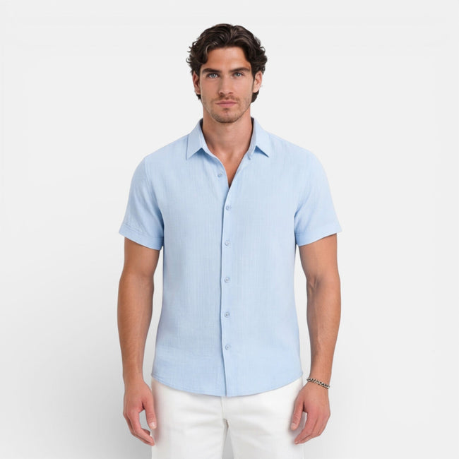 Men's linen cotton blend short sleeve shirt by FJØRNA, featuring a breathable summer fit and casual style.