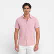 Men's short sleeve linen cotton blend shirt by FJØRNA, breathable summer fit, casual men's shirt displayed on a hanger.