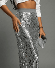 Gray FJØRNA sequin bodycon midi skirt for women, high waist, elegant evening wear with a fitted, stylish design