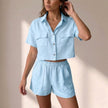 Sky blue women's summer two-piece co-ord set with relaxed fit and pockets, perfect for casual, comfortable style by FJØRNA.