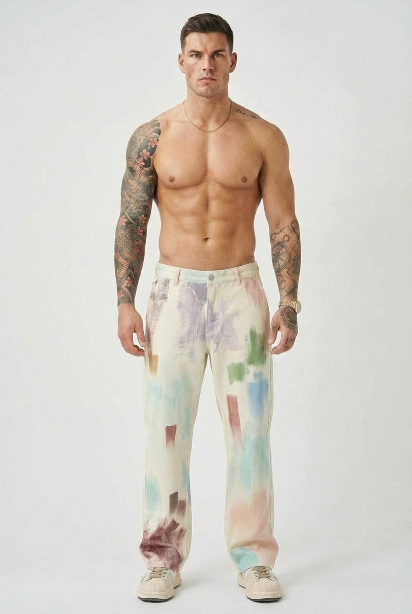 Black painted men's trousers by FJØRNA featuring a modern, stylish design with a tailored fit and contemporary aesthetic.