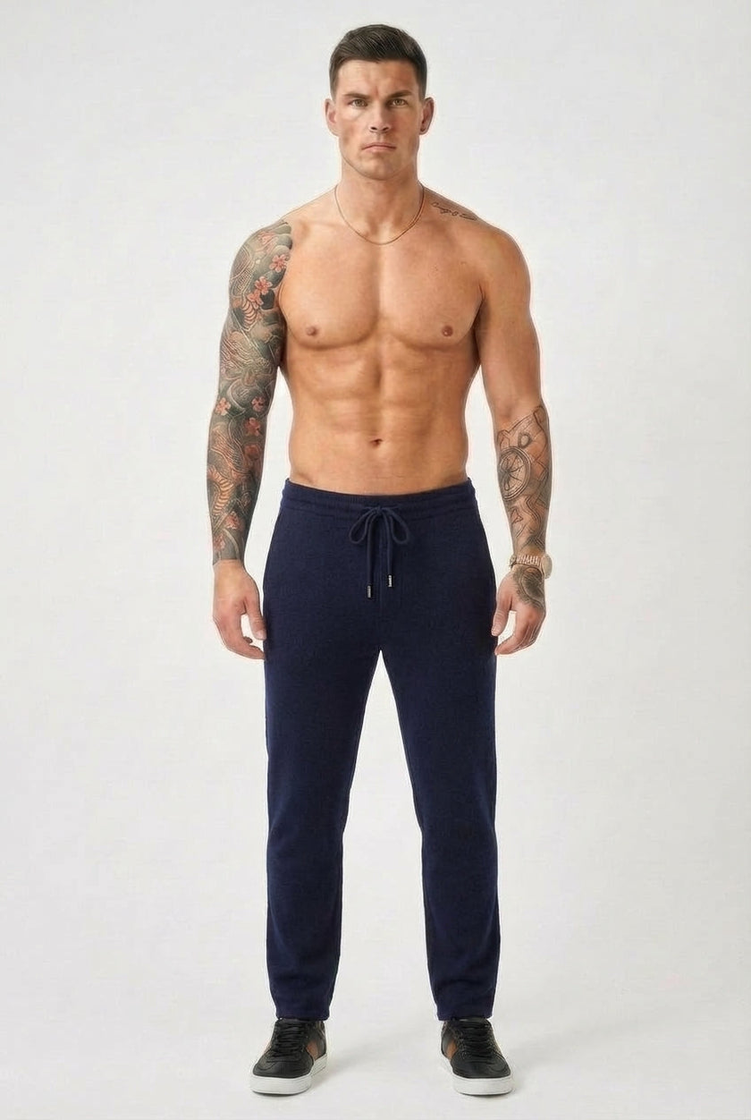 Men's navy Merino wool trousers by FJØRNA, tailored fit with smooth fabric and classic style.