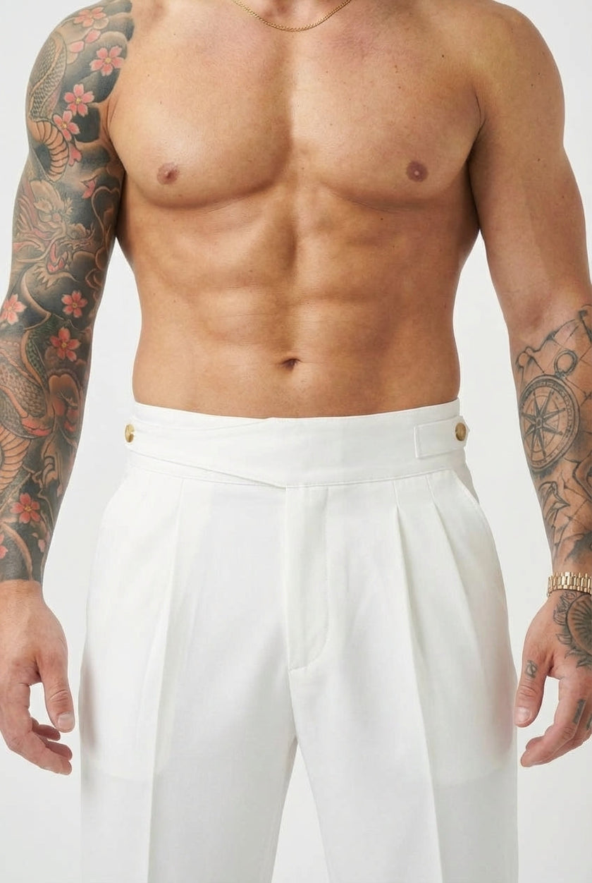 Men's white tailored trousers by FJØRNA, classic fit, with front pockets and sleek design, shown on a model.