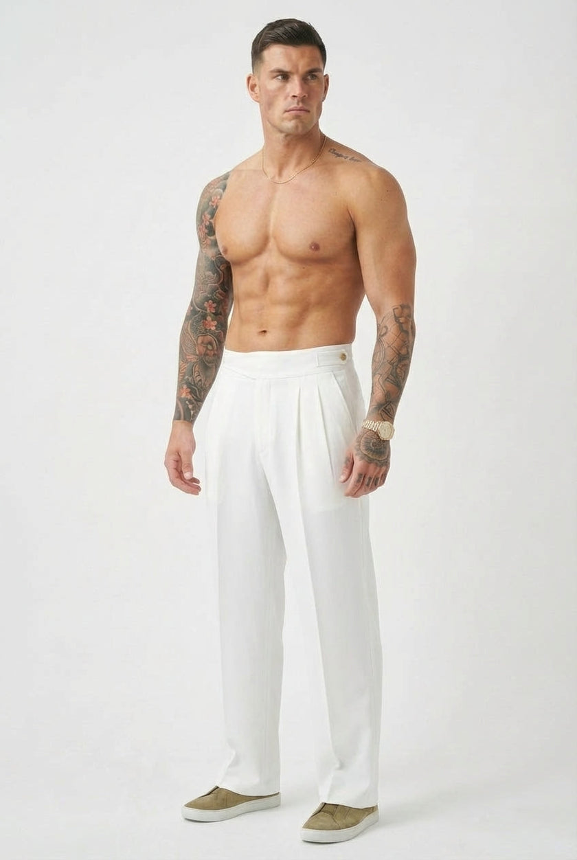 Men's tailored white trousers by FJØRNA, featuring a slim fit and classic design, shown on a male model.