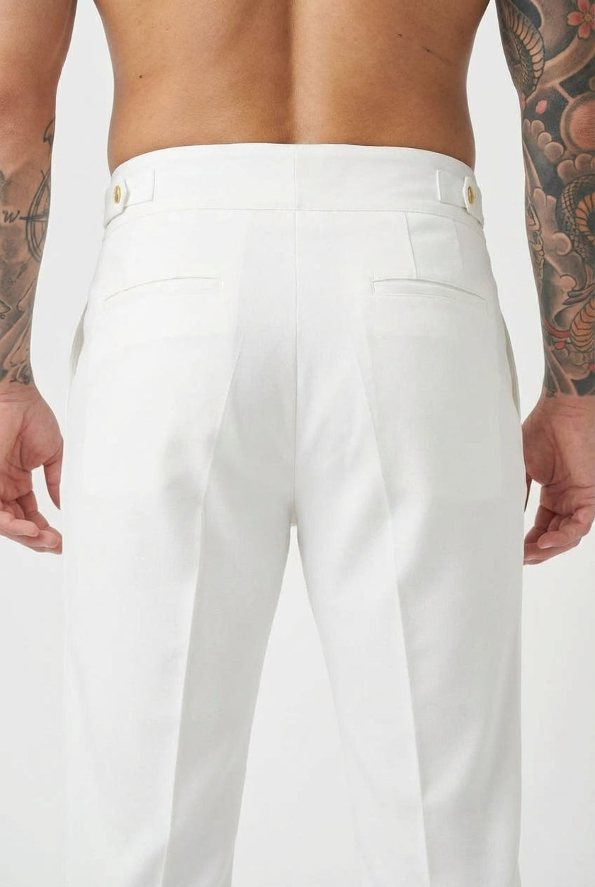 Men's tailored white trousers by FJØRNA, showcasing a sleek fit and classic design in the media gallery image.