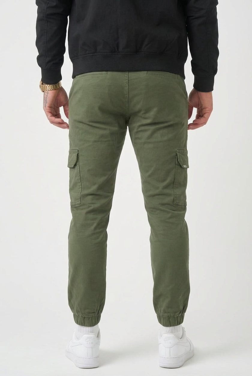 Men's cargo jogger trousers in army green by FJØRNA, featuring a relaxed fit, multiple pockets, and comfortable casual design.