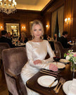 FJØRNA slim fit satin maxi dress in ivory, elegant evening gown with a modern, graceful design for special occasions.