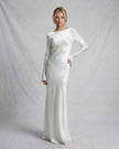 FJØRNA women’s slim fit satin maxi dress in ivory with long sleeves, perfect for evening occasions and elegant events.