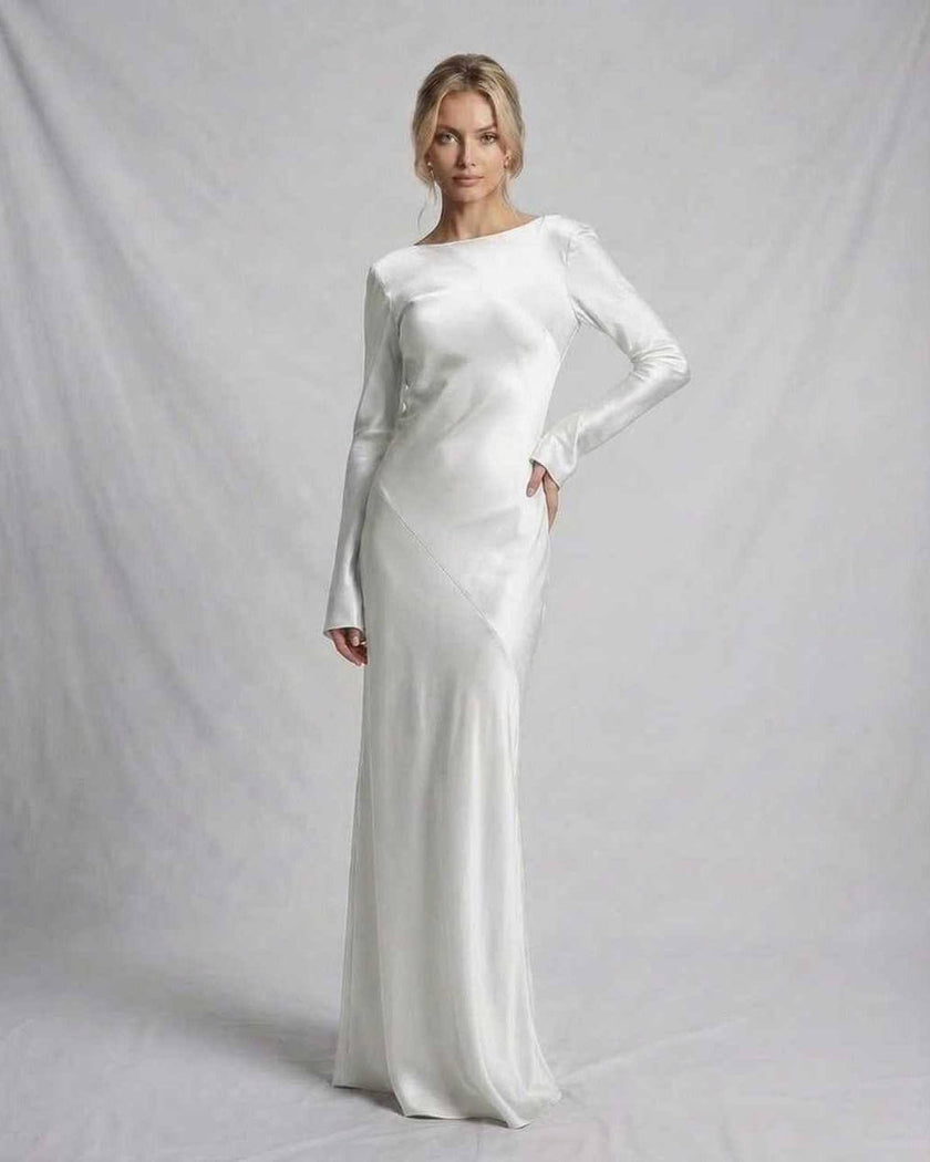 FJØRNA women’s slim fit satin maxi dress in ivory with long sleeves, perfect for evening occasions and elegant events.