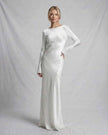 FJØRNA ivory satin slim fit maxi dress for women, elegant evening occasion dress with smooth, sophisticated texture