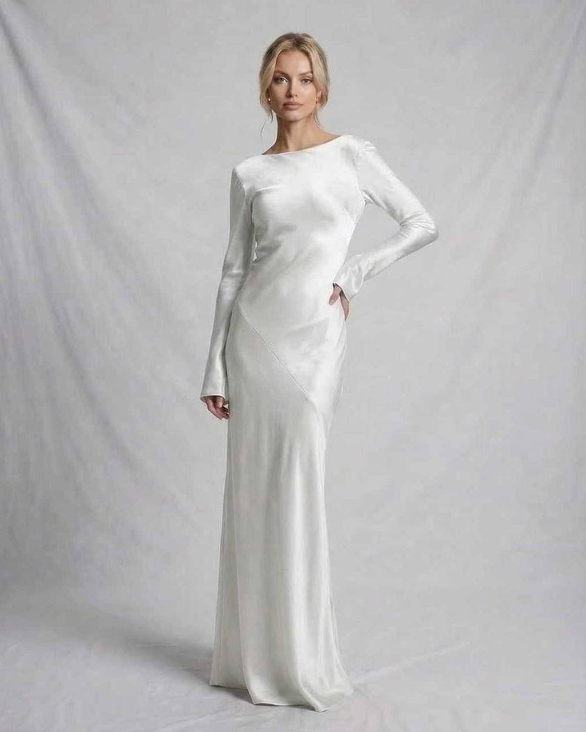 FJØRNA ivory satin slim fit maxi dress for women, elegant evening occasion dress with smooth, sophisticated texture